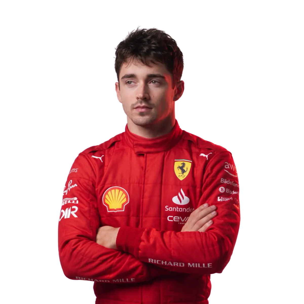 Charles Leclerc, arms crossed, who turns his head toward your cursor