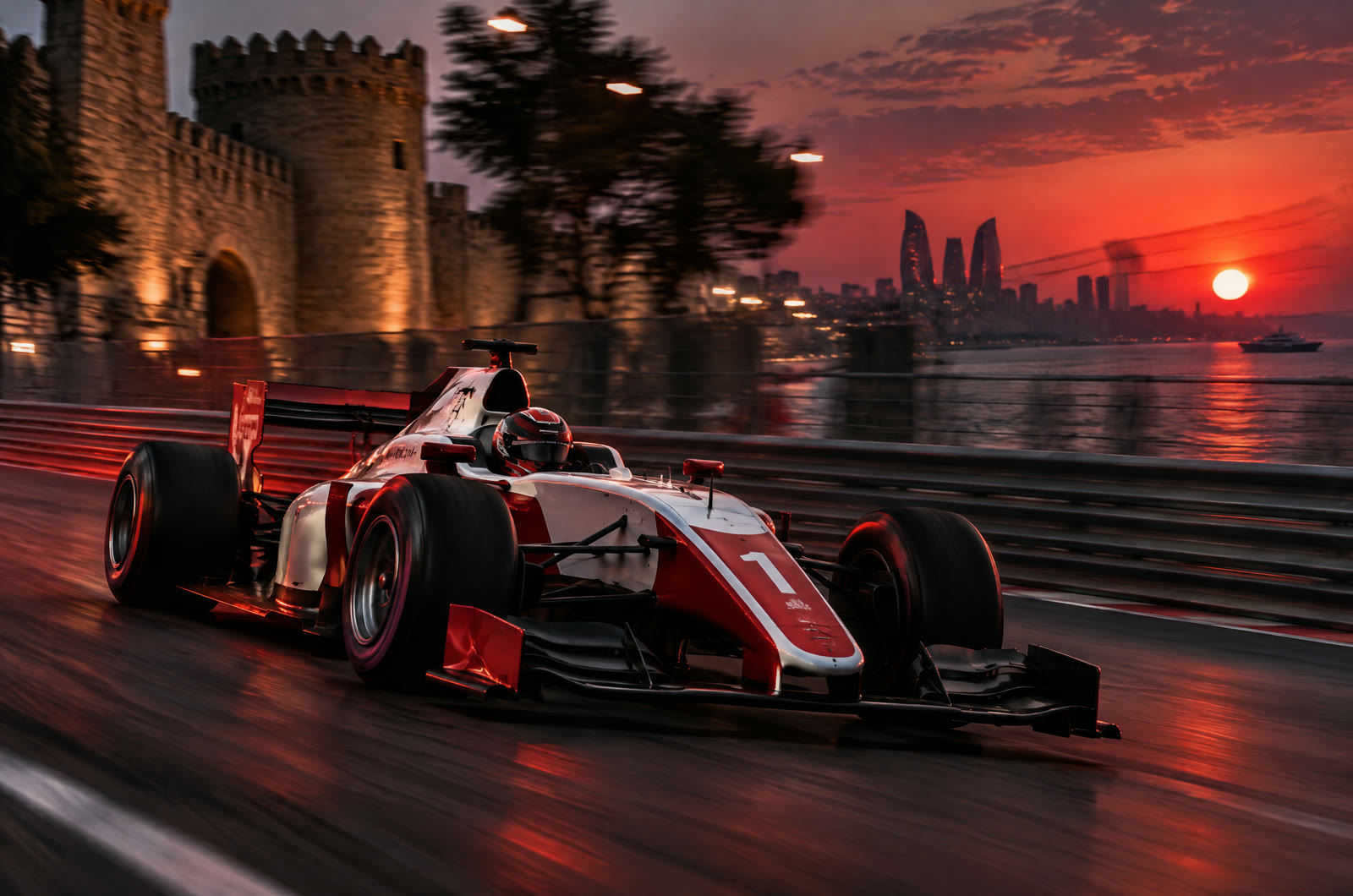 A Formula 2 car at speed on the Baku seafront